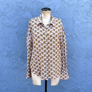 Cotelac Women's Button Front Printed Shirt Size 14 Cotton Bird Blouse